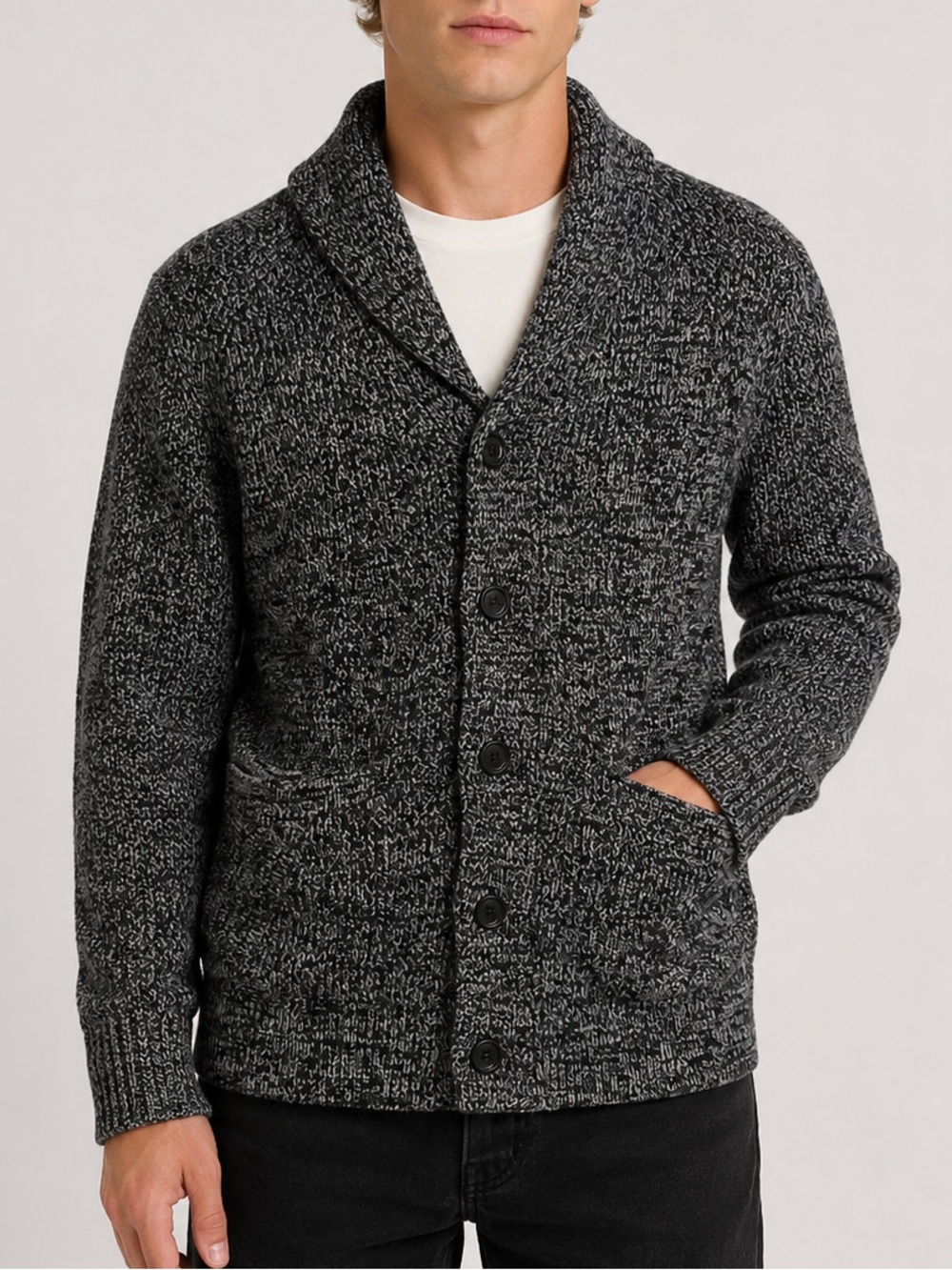 Banana Republic Men's M Supima Cotton Shawl Collar Cardigan Black & Gray Marled